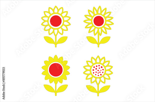 Simple graphic illustration of four yellow sunflowers with bright red centers