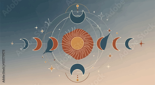 Boho mystical celestial illustration with sun, crescent moons, and stars for spiritual design isolated on Transparent Background