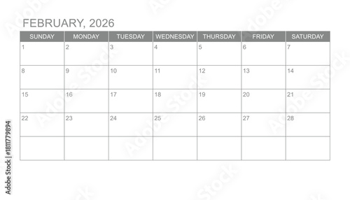 Classic monthly calendar for 2026. week starts on sunday. simple february 2026 calendar template. new monthly planner design