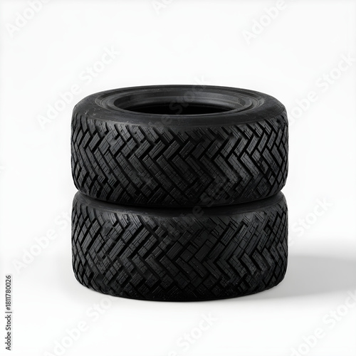 Two stacked black rubber tires with aggressive tread patterns on a white background