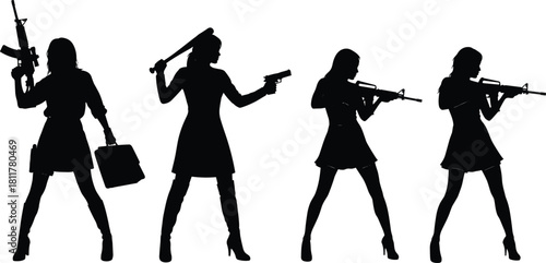 Set of four black vector silhouettes of dangerous female secret agents holding assault rifles pistols and baseball bats wearing dresses and high heels on white.