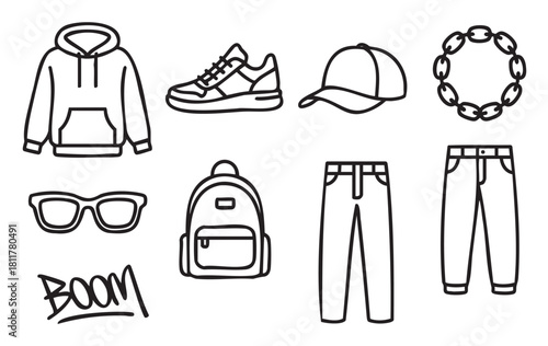 Minimalist collection of black and white line art icons representing urban streetwear fashion, including a hoodie, sneaker, cap, chain, and graffiti lettering