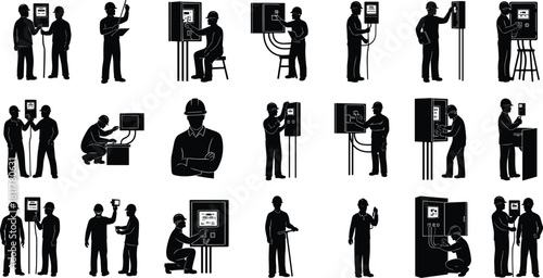 Set of industrial workers, electricians, engineers, technicians, performing maintenance, repair, inspection on electrical control panels, wiring, and machinery