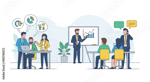 Corporate Business Meeting with Data Presentation and Team