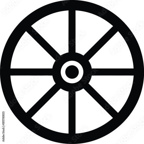 Black and white wheel symbol with eight spokes