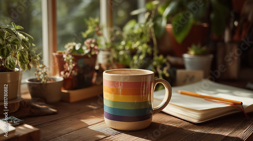 Wallpaper Mural Rainbow coffee mug on desk with notebook pencil and greenery creating inviting workspace Torontodigital.ca