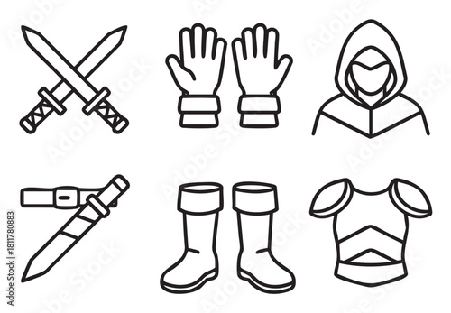 Set of simple line art icons for a fantasy role-playing game, showing a warrior's equipment like swords, armor, boots, gloves, and a hooded assassin