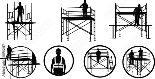 Silhouette collection of construction workers standing on scaffolding towers, and circular icons of builders wearing safety helmets working on high platforms for industrial design.