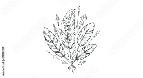 Hand drawn black outline vector of decorative bohemian feathers and geometric arrows. isolated on Transparent Background