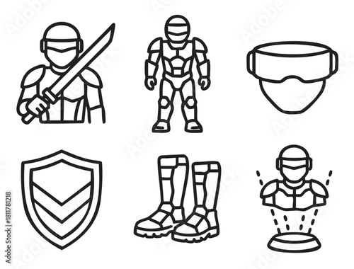 Set of black outline icons for a video game or sci-fi theme, featuring a futuristic warrior, an armored exosuit, virtual reality headset, shield, boots, and a hologram