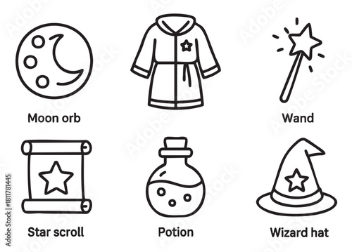Educational set of six labeled magic and fantasy icons in a simple black line art style, showing a wizard's hat, robe, magic wand, potion, scroll, and moon orb