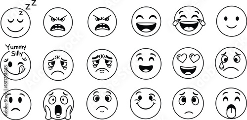 Collection of hand drawn emoji faces with different expressions and emotions