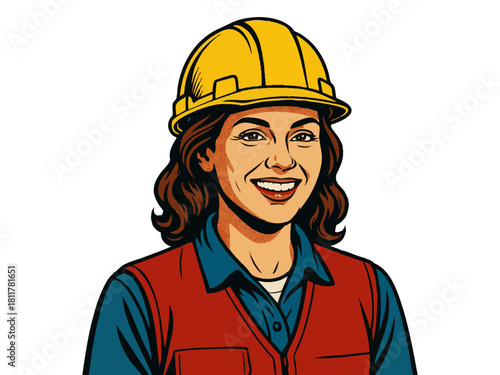 cheerful female construction worker wearing a yellow hard hat and safety vest, representing building, labor, and trades. Generative ai vector colorful pop art illustration.