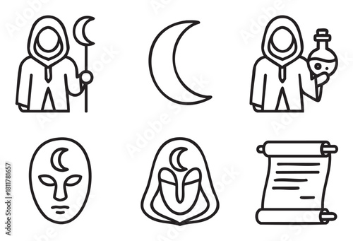 Mysterious fantasy icon set featuring a hooded sorcerer, an alchemist with a potion, a crescent moon, a magical mask, and an ancient scroll, all in a clean line art style