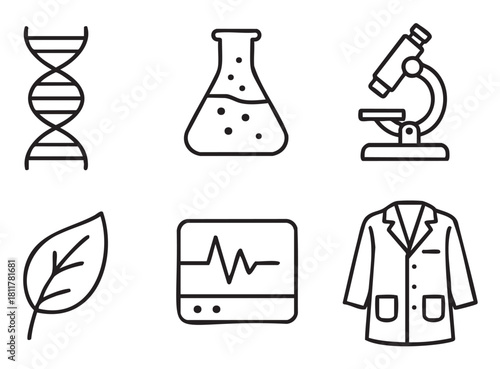 Set of six science and medicine icons including a DNA helix, laboratory flask, microscope, leaf, heartbeat monitor, and lab coat, drawn in a simple black line art style