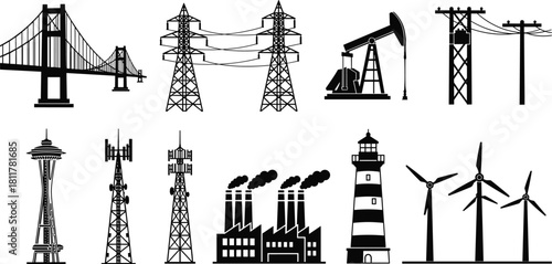 Vector silhouette collection of industrial infrastructure including suspension bridge, power lines, oil pump, factory smoke, lighthouse, wind turbines, and telecommunication