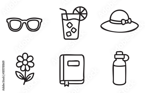 Minimalist collection of black outline icons depicting summer leisure and travel items, including sunglasses, a beverage, a sun hat, a flower, a book, and a water bottle