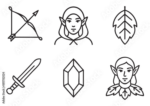 Collection of six simple black line art icons representing a fantasy elf theme, with a bow, sword, crystal, leaf, and two character portraits