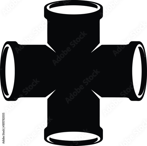 Black cross pipe fitting silhouette on white background