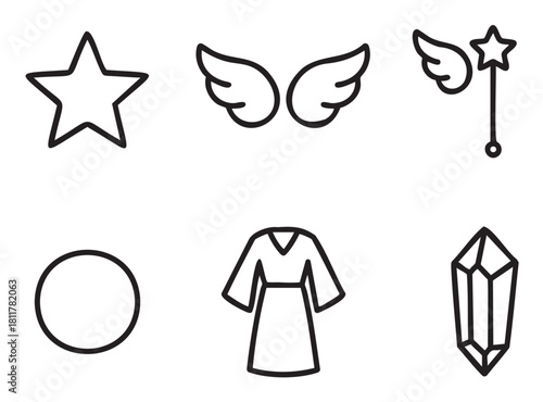 Set of six simple black outline icons representing magical and celestial themes, including a star, wings, a fairy wand, a halo, a tunic, and a gemstone