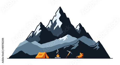 Vector graphic of an alpine expedition base camp below snowy peaks, illustrating concepts of adventure, geology, and wilderness survival