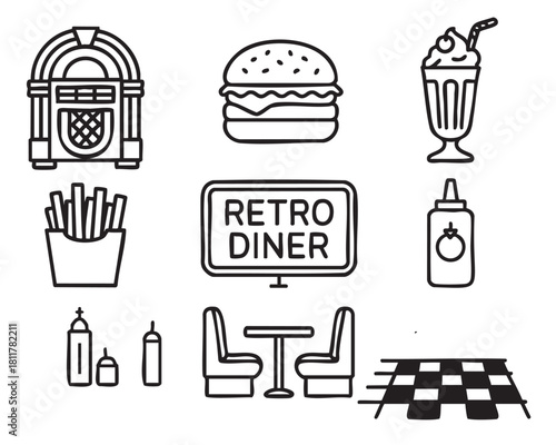 Set of black and white line art icons representing a classic retro diner theme, including a jukebox, hamburger, milkshake, and fries