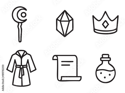 Minimalist black line art icon collection for fantasy and magic themes, featuring a wizard staff, crystal gem, royal crown, cloak, ancient scroll, and potion bottle
