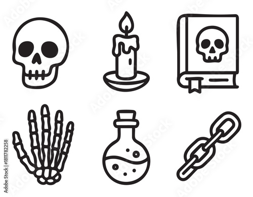 Set of black and white line art icons featuring spooky and magical elements like a skull, candle, spell book, skeleton hand, potion, and chain