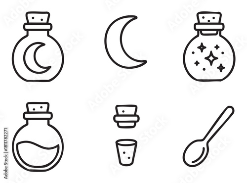 Set of hand-drawn black line art icons featuring magical potions in bottles, a crescent moon, and alchemy elements