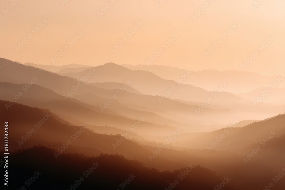 Fototapeta premium mountain landscape with sunrise and misty valleys, dynamic perspective, warm earthy hues, modern vibe, controlled studio lighting, ample space for text, ideal for commercial use