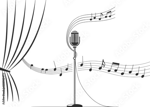 Vintage Microphone with Flowing Music Notes Stage Illustration.