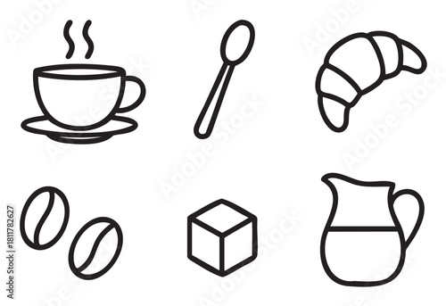 Simple vector illustration icon set for a coffee shop or breakfast menu, including a hot beverage, pastry, sugar cube, creamer, beans, and a spoon in a clean line style