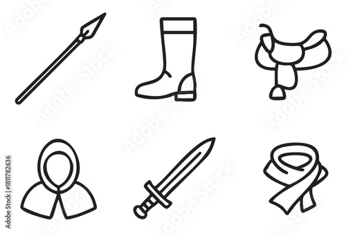Collection of six minimalist line art icons depicting medieval fantasy equipment, including a sword, spear, saddle, boot, hooded cloak, and scarf