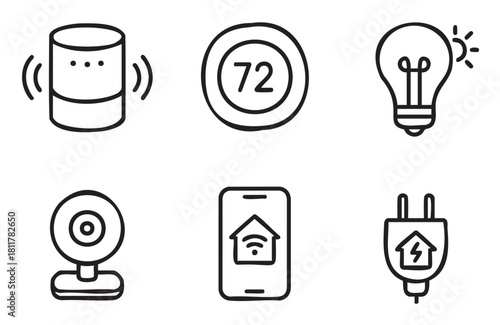Set of hand-drawn doodle-style icons representing smart home technology, including a speaker, thermostat, lightbulb, camera, phone, and plug for automation concepts