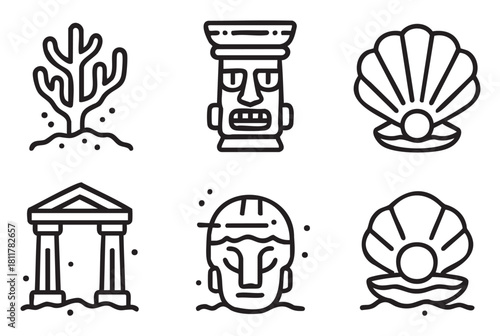 Set of minimalist line art icons depicting a mythical underwater kingdom with ancient sunken ruins, tribal statues, ocean coral, and seashells with pearls in a simple outline style