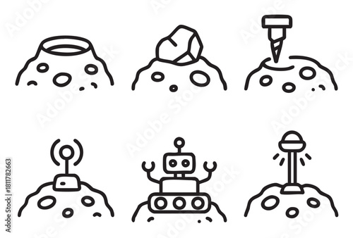 Set of minimalist black line icons depicting space exploration themes like a planetary rover, crater, mining drill, and communication beacon on an