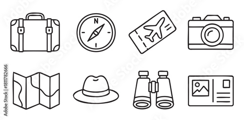 Set of eight travel and vacation themed doodle icons, featuring luggage, a compass, airplane ticket, camera, map, hat, binoculars, and postcard in a simple black outline style