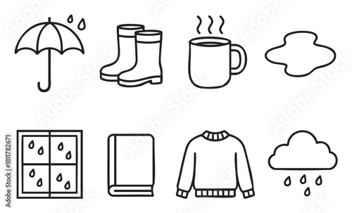 Minimalist collection of black outline icons illustrating rainy weather essentials and cozy comfort, including an umbrella, rain boots, a steaming mug, a book, and a warm sweater