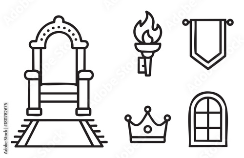 Collection of medieval royalty and fantasy themed icons, including a throne, crown, flaming torch, banner, and window, presented in a simple black line art style