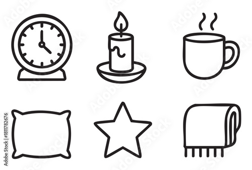 Minimalist black outline icon set representing bedtime, comfort, and cozy routines with a clock, candle, hot drink, pillow, star, and blanket