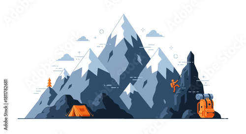 Dynamic Alpine Adventure Flat Illustration of a Climber Conquering Majestic Snow-Capped Mountains with Camping Tent and Trekking Gear