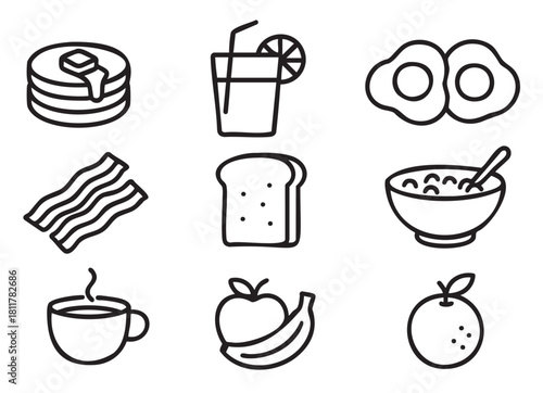 Graphic illustration set of classic morning meal items, featuring black outline icons of pancakes, fried eggs, bacon, toast, fruit, and hot coffee