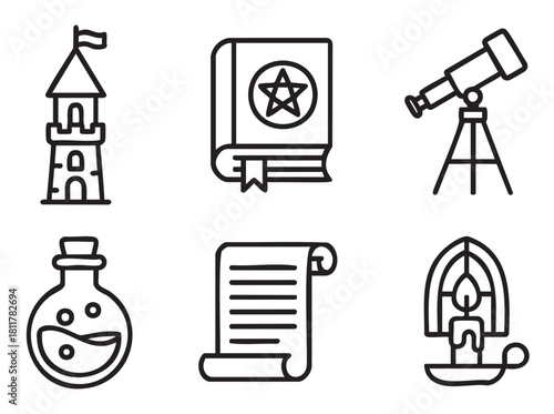 Monochrome line art icon collection for fantasy, magic, and alchemy themes, featuring a wizard tower, spellbook, potion, telescope, scroll, and candle