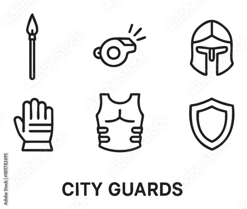 Six simple black outline icons depicting items associated with city guards, including a spear, whistle, helmet, glove, armor, and shield