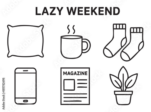 Collection of black outline icons representing a lazy weekend, including a pillow, hot drink, socks, smartphone, magazine, and plant, all