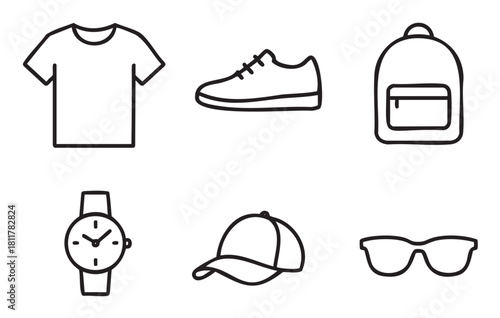 Collection of six minimalist outline icons featuring everyday clothing and accessories like a t-shirt, sneaker, backpack, watch, cap, and sunglasses