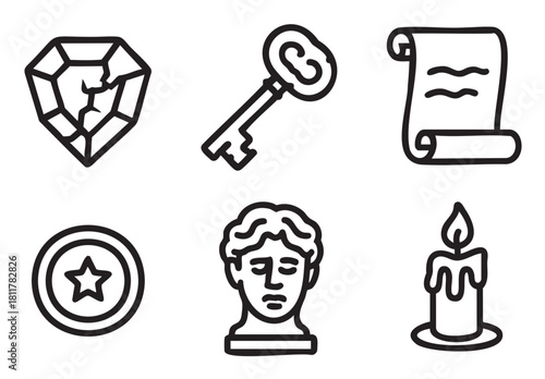 Collection of six black outline icons featuring a cracked gem, an antique key, a rolled scroll, a star badge, a classical bust, and a lit candle, presented