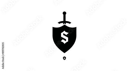 Stylized black shield and sword with letter S icon. Concept of protection, security, strength, defense, knight, medieval art.