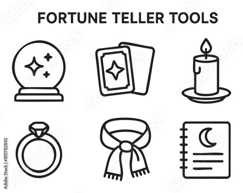 Set of six minimalist black line art icons representing fortune telling tools, including a crystal ball, tarot cards, candle, ring, scarf, and a magic book
