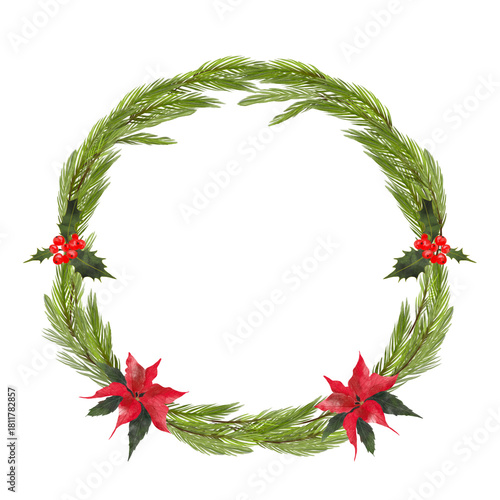 Watercolor illustration of a Christmas wreath with fir branches and a red poinsettia flower.